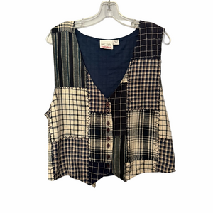 Denim Republic Navy & Cream Patchwork Plaid Button Front Vest Size Large